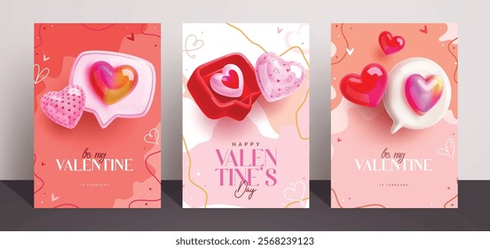 Happy valentine's day clipart poster set design. Valentine greeting text clip art with heart speech bubble and pink inflatable balloons in doodle abstract background. Vector illustration valentine's 