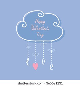 Happy Valentines Day. Cloud with hanging rain button drops, bow, word love. Heart shape. Dash line Flat design Rose quartz serenity color background. Vector illustration
