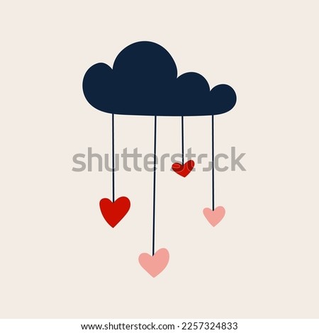 Happy Valentine's Day. Cloud with hanging heart shapes. Hand drawn doodle. Vector illustration, flat design