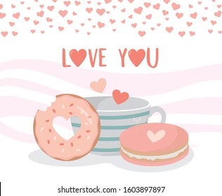 happy valentines day coffee cup cookie and donut dessert love vector illustration
