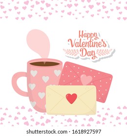 happy valentines day, coffee cup and message envelopes hearts love passion celebration vector illustration