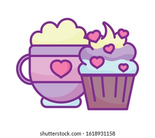 happy valentines day, coffee cup and sweet cupcake snack love hearts celebration vector illustration