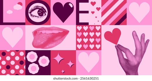 Happy Valentine`s Day Collage Background Pattern Print Design Flat Vector Eps Illustration Romantic Elements Love Heart Decor Wallpaper Mosaic Artwork Bauhaus Pattern Pink Card Poster Banner Shape Art