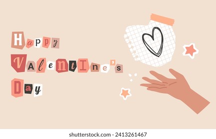 Happy Valentine's Day collage with hand holding doodle heart on paper note with torn edges. Cut out stars, tape. Anonymous magazine letters, love holiday greeting banner. Vector illustration.