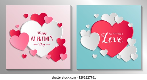 Happy Valentine's Day - collection of cards with cute paper hearts. Vector