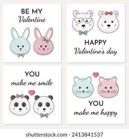 Feliz Día de San Valentín colección de tarjetas con románticas parejas de animales divertidos y lemas. Me haces sonreír, sé mi Valentín. Hermoso, oso, panda, gato. Te amo el concepto de la tarjeta de felicitación de vacaciones.