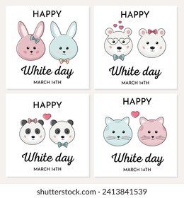 Feliz Día de San Valentín colección de tarjetas con románticas parejas de animales divertidos y lemas. Me haces sonreír, sé mi Valentín. Hermoso, oso, panda, gato. Te amo el concepto de la tarjeta de felicitación de vacaciones.