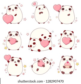 Happy Valentine's day. Collection of cute pandas with pink hearts in kawaii style. EPS8