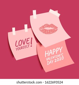 Happy Valentine's Day collection of cute sticky notes, Valentines Day background with text love yourself, Valentine card and poster