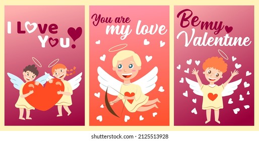 Happy Valentine's Day. Collection of greeting cards with babies cupid angels. Boys and girls. Red and white hearts. Cartoon characters. Cute and funny. Gradient background. Template for post cards