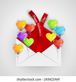 happy valentine`s day with color balloons hearts and envelope with ribbons