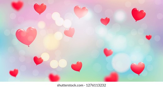 Happy Valentine's Day. Colorful background with red flying hearts. Background for the design of the holiday of all lovers. Vector illustration.