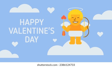 Happy Valentines Day composition cupid holding bow and arrow and smiling. Vector Illustration