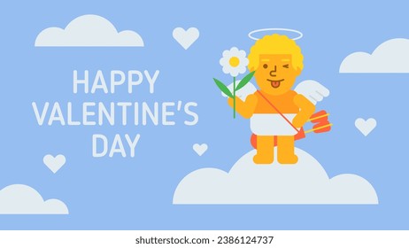 Happy Valentines Day composition cupid holding flower and winking. Vector Illustration