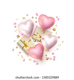 Happy Valentines Day composition, festive greeting card with realistic rose and silver helium heart-shaped balloons, metal heart, golden gift boxes, flower petals, white background. Greeting card