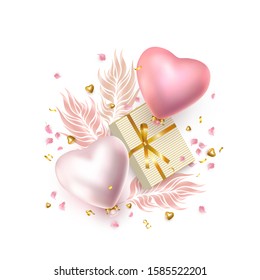 Happy Valentines Day composition, festive greeting card with realistic rose silver helium heart-shaped balloons, metal heart, golden gift box, feather, flower petals, white background