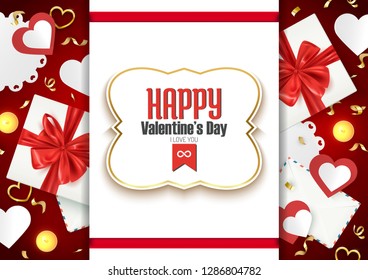 Happy Valentine's day composition with gift box and romantic elements, postcard, banner, vector illustration