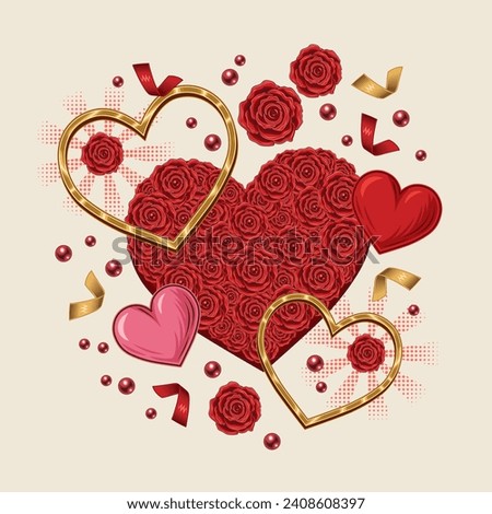 Happy Valentines Day composition with hearts, confetti, scattered beads, red lush blooming roses. Holiday design element for greeting card, wedding, engagement event decoration