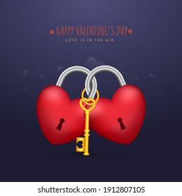 Herzlichen Glückwunsch zum Valentinstag mit 3-D-Heart-Padlocks und einem goldenen Schlüssel auf blauem Hintergrund.