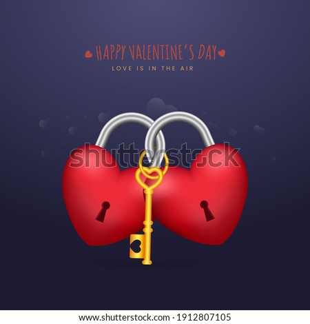 Happy Valentine's Day Concept With 3D Heart Shaped Padlocks And A Golden Key On Blue Background.