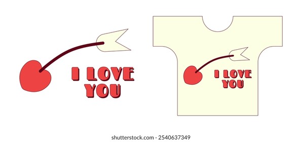 Happy Valentines day concept. Сupids arrow and text I love you. Design for print tshirt and other clothes. Trendy retro groovy style. Vector illustration