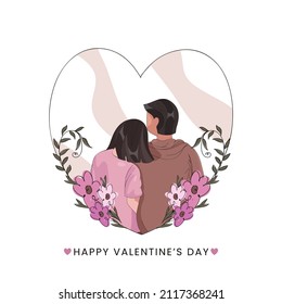 Happy Valentine's Day Concept With Back View Of Young Couple Sitting Together In Heart Shape Decorated By Floral On White Background.