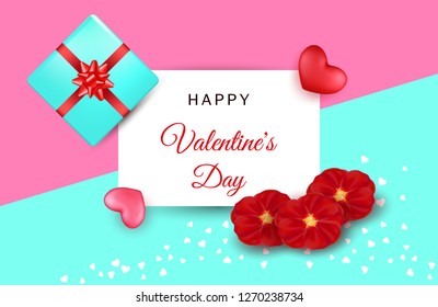 Happy Valentines day concept background. Vector illustration with 3d red and pink hearts, love typography text, realistic flowers and gift box on white square frame. Cute love holiday card