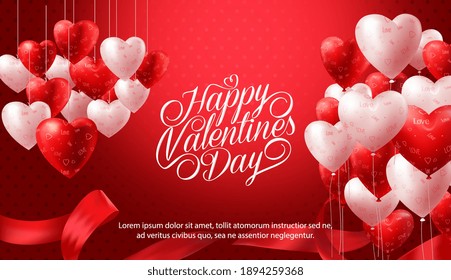 Happy Valentine's Day concept background with red and white 3d balloons. Cute love banner or greeting card. Happy Valentine's Day Calligraphy Background With 3D Hearts and ribbons. Vector illustration