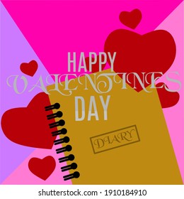Happy Valentine's day concept background. Vector illustration. red and pink paper hearts with purple diary. Cute love sale banner or greeting card