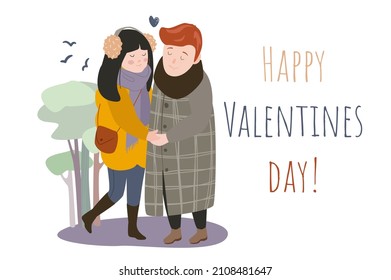 Happy Valentines day concept background. Cute couple in love celebrates romantic holiday. Loving man and woman hugging and holding hands. greeting card. Vector illustration in flat cartoon design