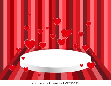 Happy valentine's day concept. Background with heart shapes flying and geometry shape podium on striped red backdrope. Wedding day. Love celebration. Pedestal, platform for product.
