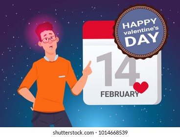 Happy Valentines Day Concept Banner Young Man Holding Calendar Page 14 February Flat Vector Illustration