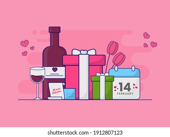 Happy Valentine's Day Concept With Calendar, Gift Boxes, Love Letter, Champagne Bottle, Glass And Flowers On Purple Background.