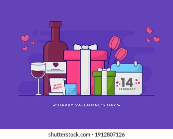 Happy Valentine's Day Concept With Calendar, Gift Boxes, Love Letter, Champagne Bottle, Glass And Flowers On Purple Background.