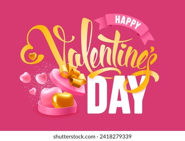 Happy Valentine's Day concept, calligraphy lettering and open 3d realistic heart shaped pink gift box. Holiday decoration, design for romantic event, valentine's day celebration. Vector illustration