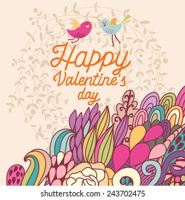 Happy Valentines day concept card in bright colors. Stylish vector background with vintage birds and colorful burst