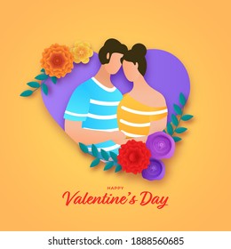 Happy Valentine's Day Concept With Cartoon Young Couple Together And Colorful Flowers Decorated Heart On Yellow Background.