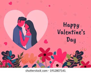 Happy Valentine's Day Concept With Cartoon Loving Couple And Floral Decorated On Light Red Background.