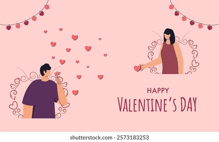 Happy Valentine's Day Concept with Cartoon Man Blowing Heart Bubbles to His Girlfriend on Pink Background.