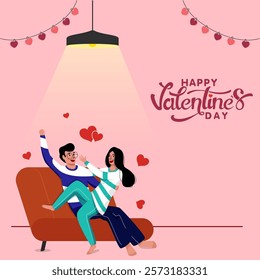 Happy Valentine's Day Concept with Cartoon Woman Trying to Snatch Something from Her Boyfriend at Sofa.