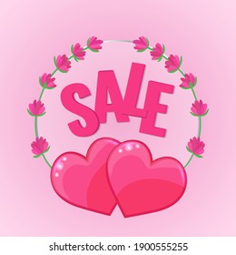 Happy Valentines Day concept. Circle banner with two pink hearts and flowers on pink background. Vector image for advertising, web promo, printing.