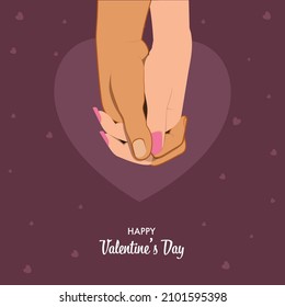 Happy Valentine's Day Concept With Close Up Of Couple Holding Hands On Mauve Or Wine Color Background.