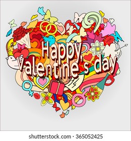 Happy Valentine's day concept with congratulation text. Cartoon vector hand drawn Doodle in heart shape. illustration. Line art detailed design background with objects and symbols