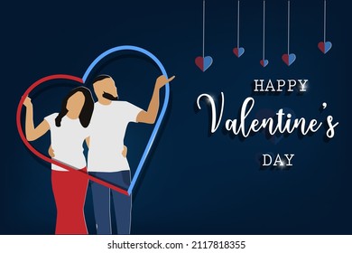 Happy valentines day concept with couples heart shape inside. Abstract background in blue color vector illustration.