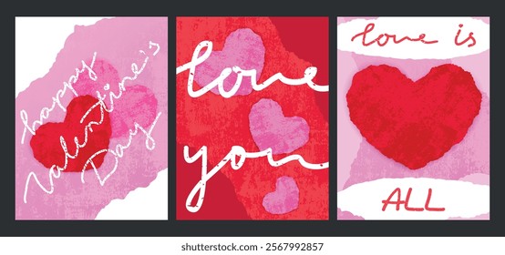 Happy Valentines Day concept. Creative valentine cards with textured hearts on red and pink grunge background. Vector illustration