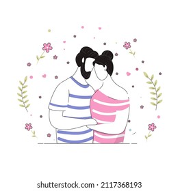 Happy Valentine's Day Concept With Doodle Style Embracing Couple And Floral Decorated On White Background.