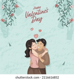 Happy Valentine's Day Concept With Embracing Young Couple And Floral Decorated On Turquoise Brush Grunge Background.