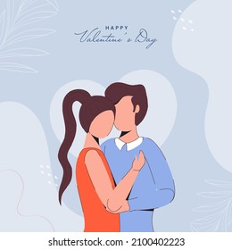 Happy Valentine's Day Concept With Faceless Young Romantic Couple Together On Blue Background.