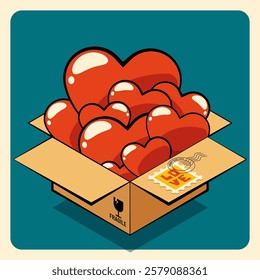 Happy valentines day concept flat design style. Red hearts are packed in isometric parcel box. Can be used for background, poster, postcard, backdrop, brochure, banner, vector illustration