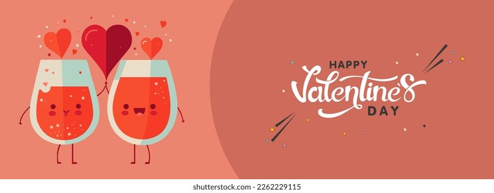 Happy Valentine's Day Concept, Funny Cocktail Glasses Couple Cheering With Heart Shapes.